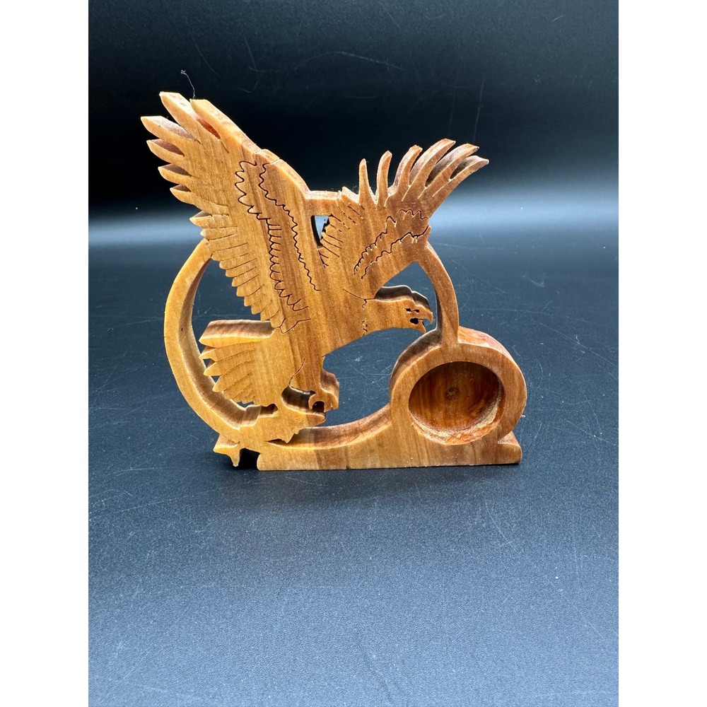 Wood Eagle Desk Clock Holder Carved Alaska Style Cutout Display Patriotic Bald